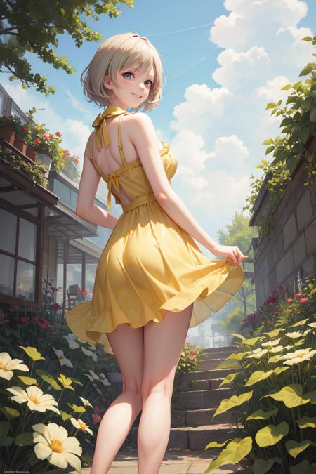 2486617-1088925670-masterpiece, best quality, absurdres, perfect anatomy, 1girl, solo, Ashelia, short hair, from behind, sundress, yellow sundress,.png
